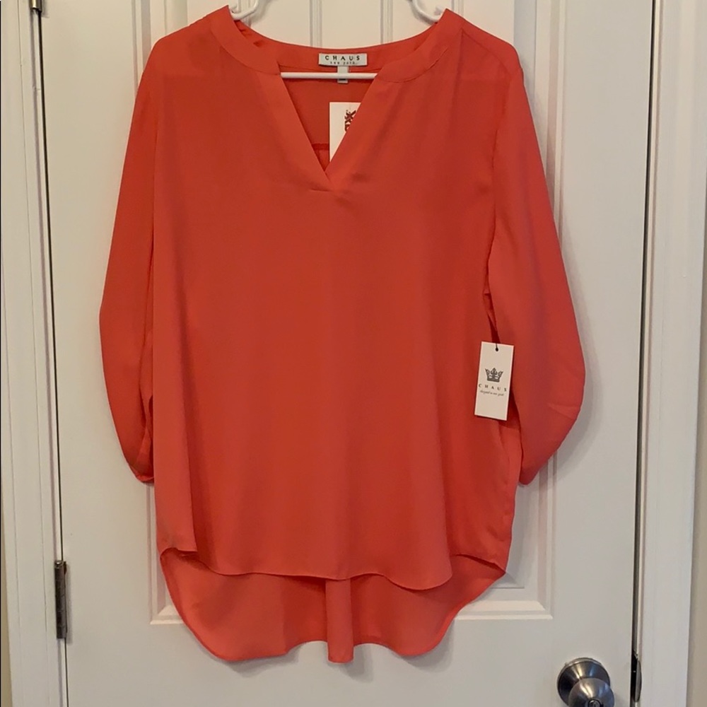 Chaus sheer V-neck Tangerine 3/4 sleeve blouse